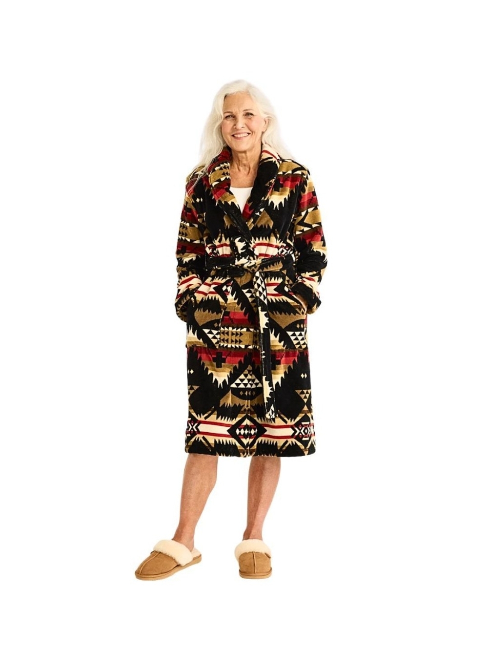 NWT, Pendleton Women's Nehalem Cotton Terry Velour Robe in Black, Red & Tan